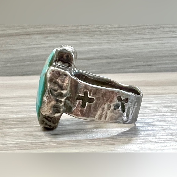 Peyote Bird Designs Sterling Silver Turquoise Inlay Lucky Cross Ring, Size 7 - Picture 3 of 10